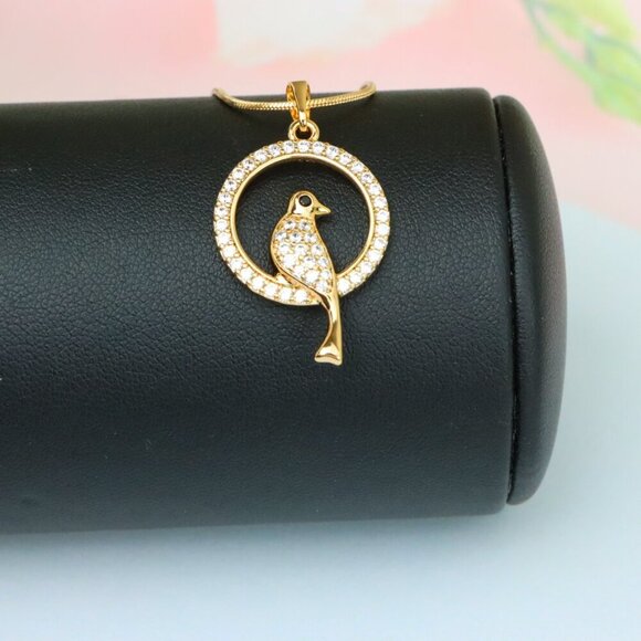 "Rose Gold Bird Pendant with Sparkling Crystals in Circular Frame, XPPT1525 - Picture 5 of 13